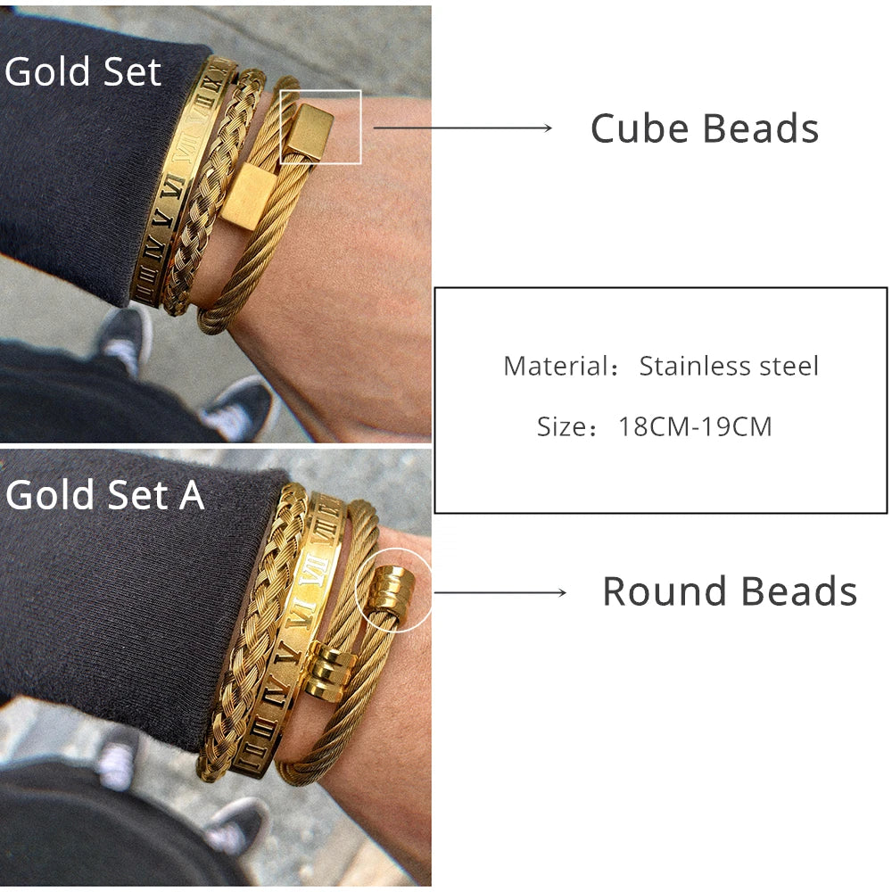 Luxury 3pcs/Set Stainless Steel Bracelet Hip Hop Men Jewelry Roman Number Charm Gold Color Jewelry for  Men Pulseira Bileklik