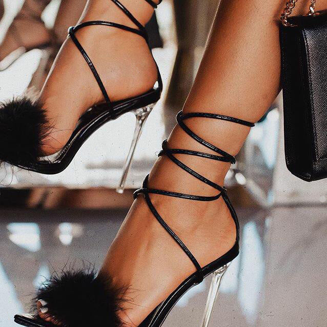 Feather Strap Ladies Fur Shoes Transparent Crystal High Lace Up Heels Pointed Ladies High Heel Sandals