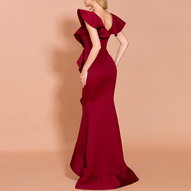 Women's Sexy Sleeveless Ruffles White Pencil V-Neck Gown Evening Party Dress