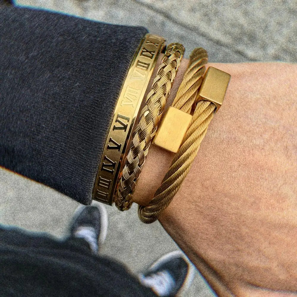 Luxury 3pcs/Set Stainless Steel Bracelet Hip Hop Men Jewelry Roman Number Charm Gold Color Jewelry for  Men Pulseira Bileklik