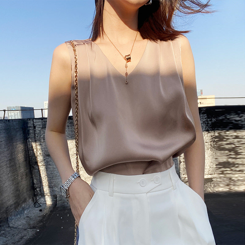 Formal Silk Blouses Elegant Women Solid Sleeveless Tank Luxury Tops Ladies Fashion White Satin Office Summer Blouses for Woman