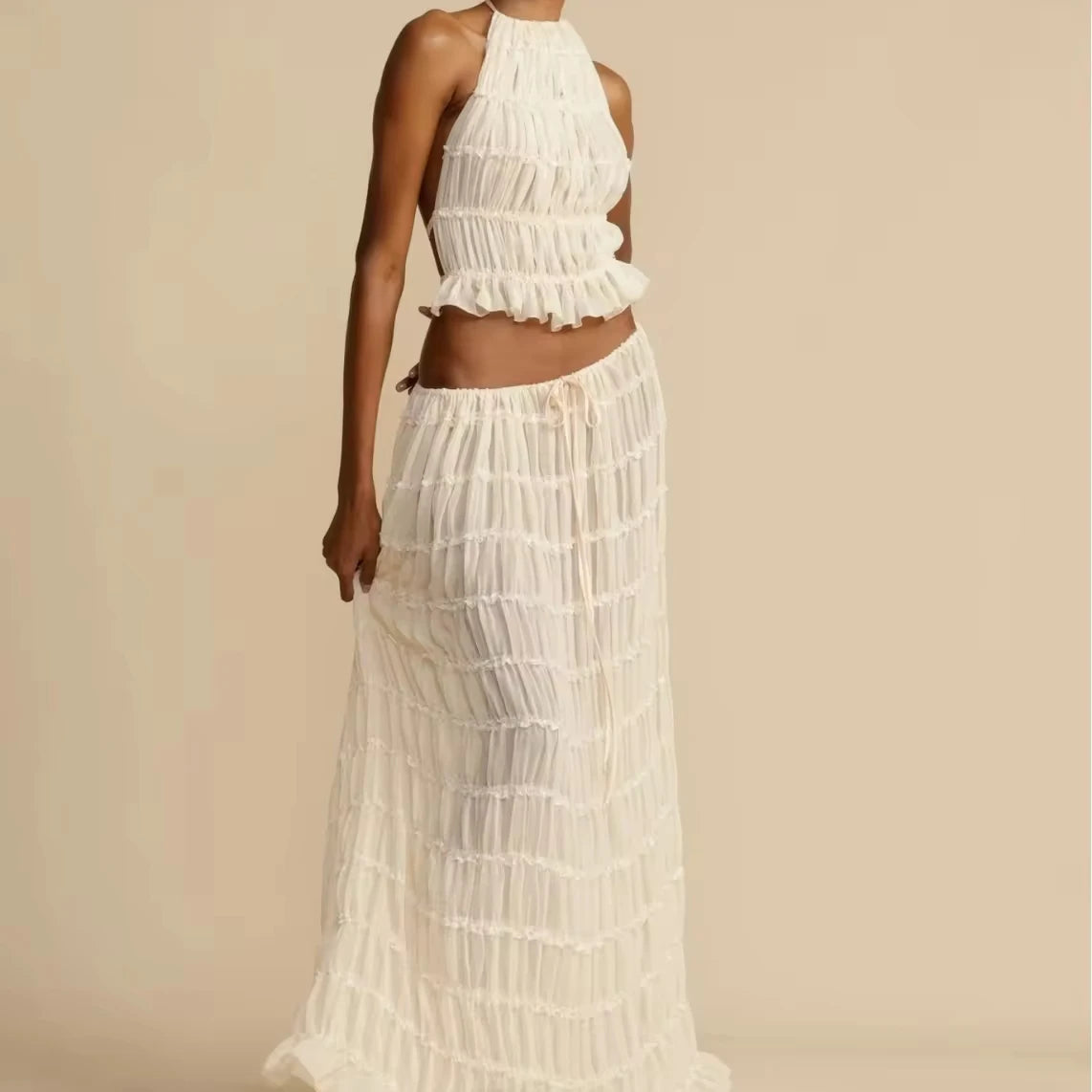 Backless Halter Camisole Top Drawstring Chiffon Pleated Long Maxi Skirt 2 Piece Set
