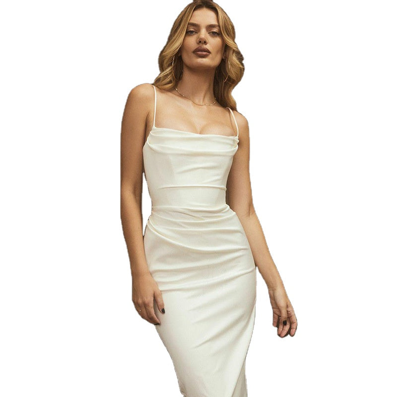 Sexy Bright Silk White Color Women Luxey Dress Low-Neck Sleeveless Night Party Bodycon Dress New Elegant Lady Dress