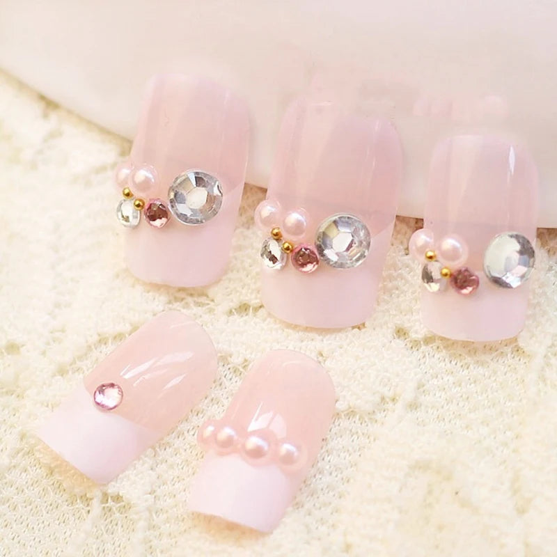 24pcs False Nails Floral Beads Decorated Artificial Nail Tips Bride Reusable Fingernails Fake Nail Press on Nail накладные ногти