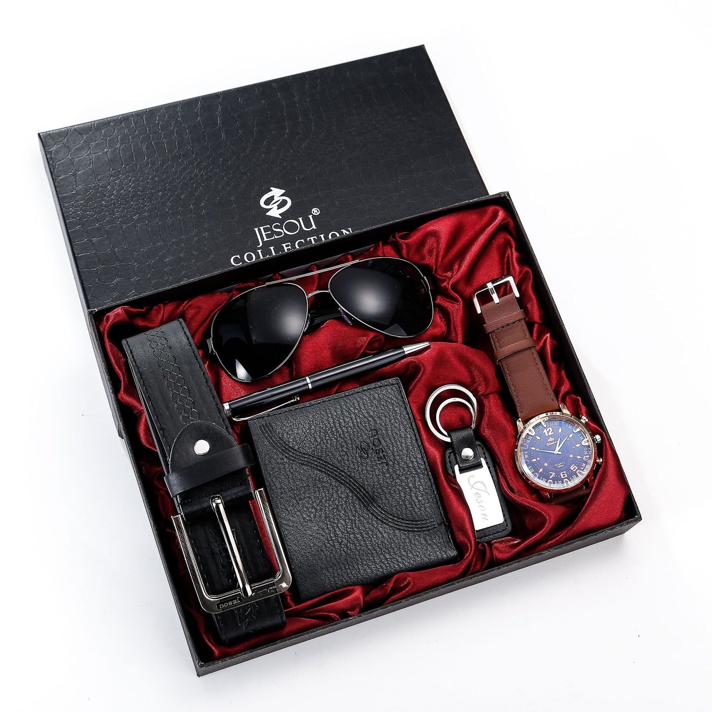 Wholesale Popular Men's Gift Set Luxury Quartz Watch and Belt Wallet 6pcs/Set Male Clock Fashion Leather Wristwatch
