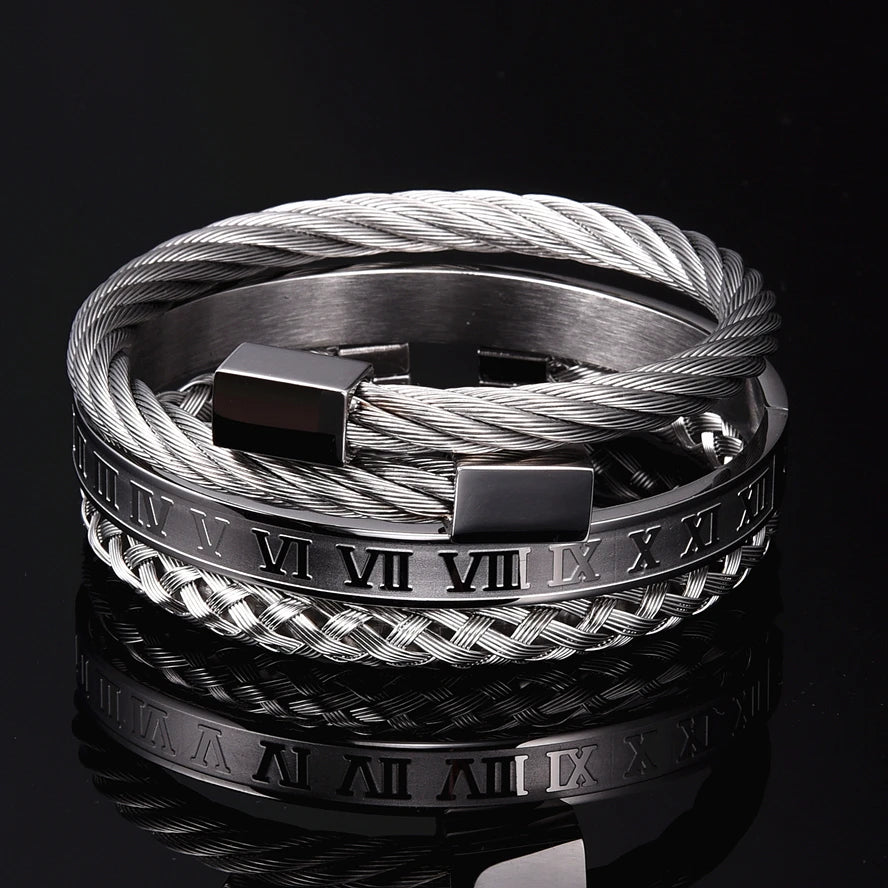 Luxury 3pcs/Set Stainless Steel Bracelet Hip Hop Men Jewelry Roman Number Charm Gold Color Jewelry for  Men Pulseira Bileklik