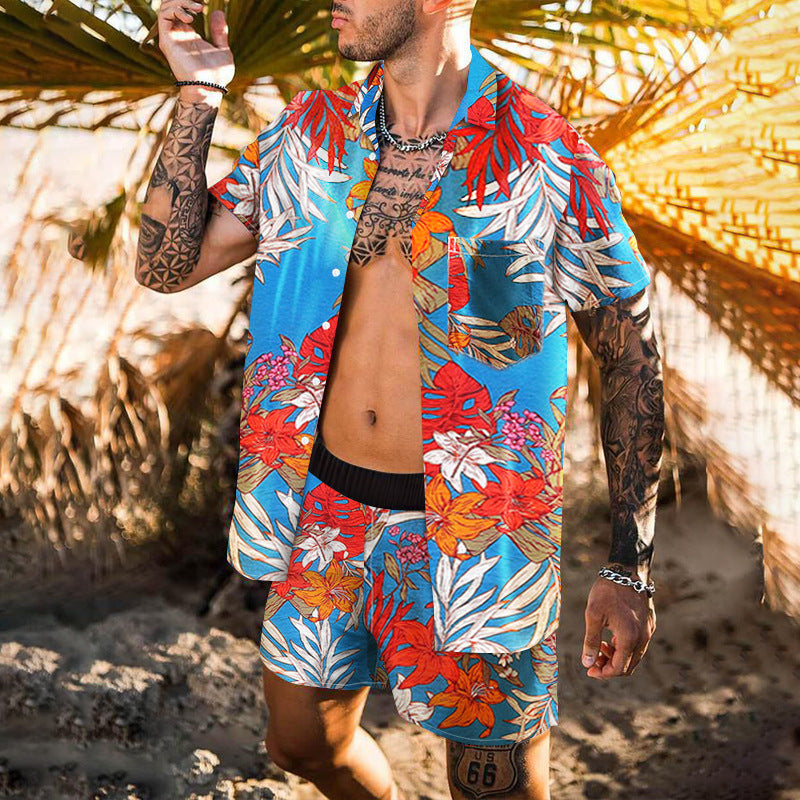 Summer Short Sleeve Shirt Suit Men Fashion Floral Print Hawaiian Shirts + Beach Shorts Casual Beach Clothing Sets Vetement Homme