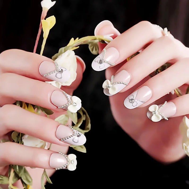 24pcs False Nails Floral Beads Decorated Artificial Nail Tips Bride Reusable Fingernails Fake Nail Press on Nail накладные ногти