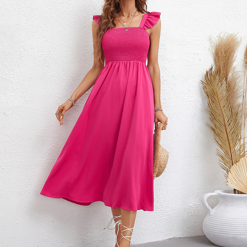 Sexy Sleeveless Pleated Midi Dress Women Casual Rose Red Square Collar Dresses