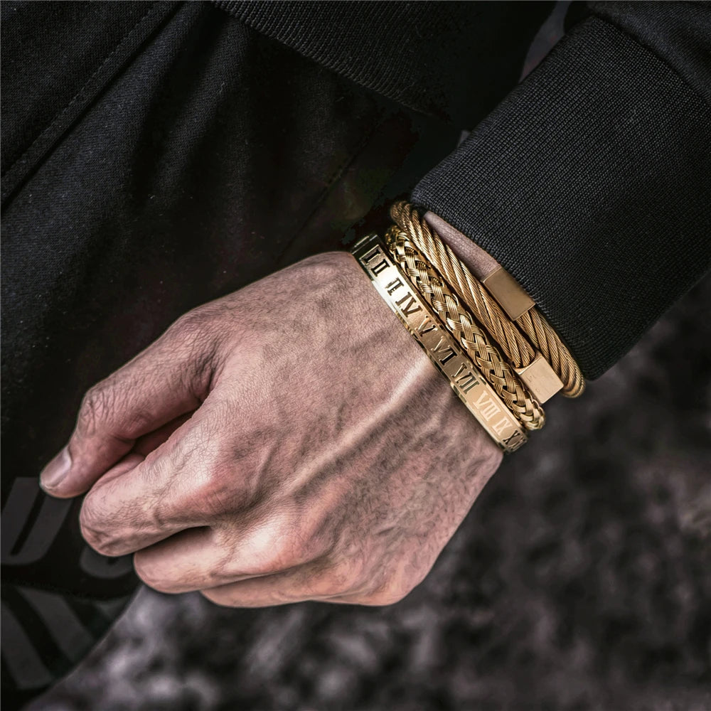 Luxury Roman Number Charm Woven Stainless Steel Bracelet Hip Hop Men Jewelry Gold Color Jewelry for  Men Pulseira Bileklik
