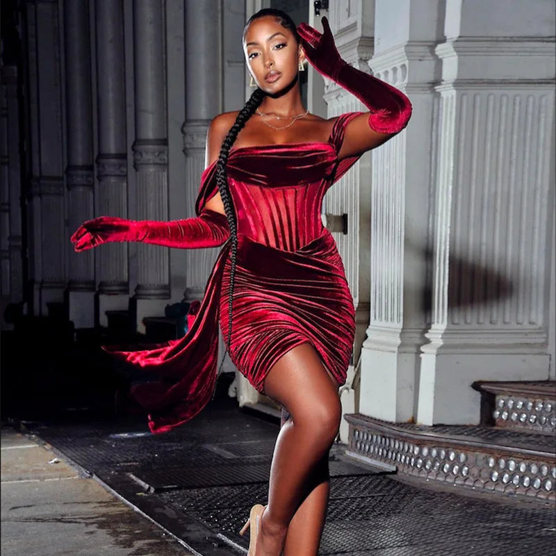 2023 Newest Christmas Red Off Shoulder Pleated Dress Women Mini Dress Lady Slim Fit Party Dress