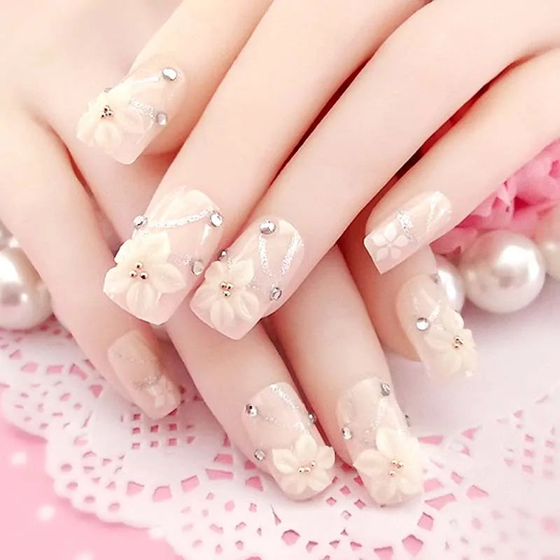 24pcs False Nails Floral Beads Decorated Artificial Nail Tips Bride Reusable Fingernails Fake Nail Press on Nail накладные ногти