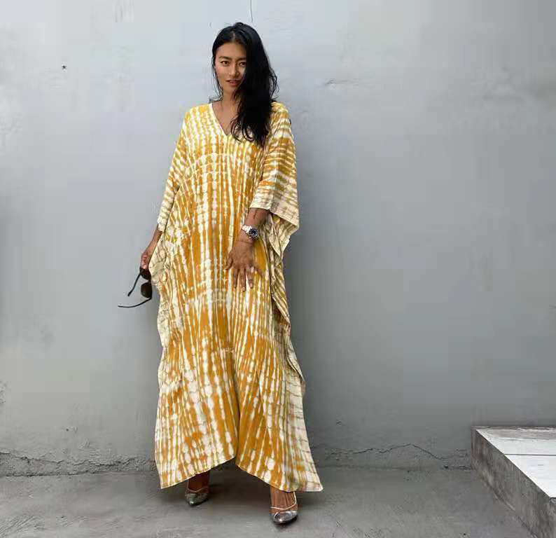Wholesale Tie Dye Boho Kimono Beach Cover Up Cotton Sarong Beachwear Dress Ladies Kaftan