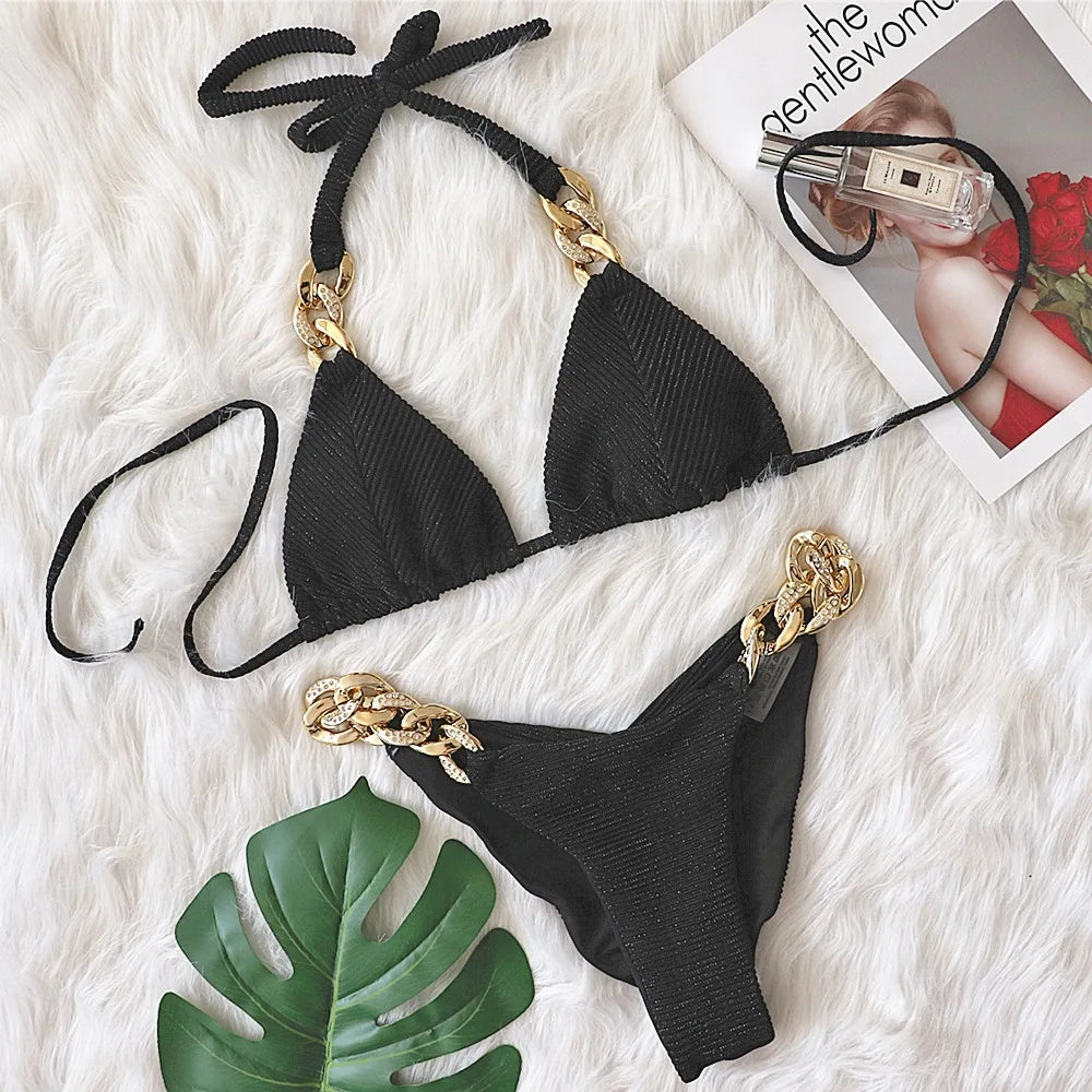 2023European and American Sexy Bikini Plain Female Split Strap Luxury Crystal Diamond Swimsuit Gold Accessories Swimwear CUT OUT