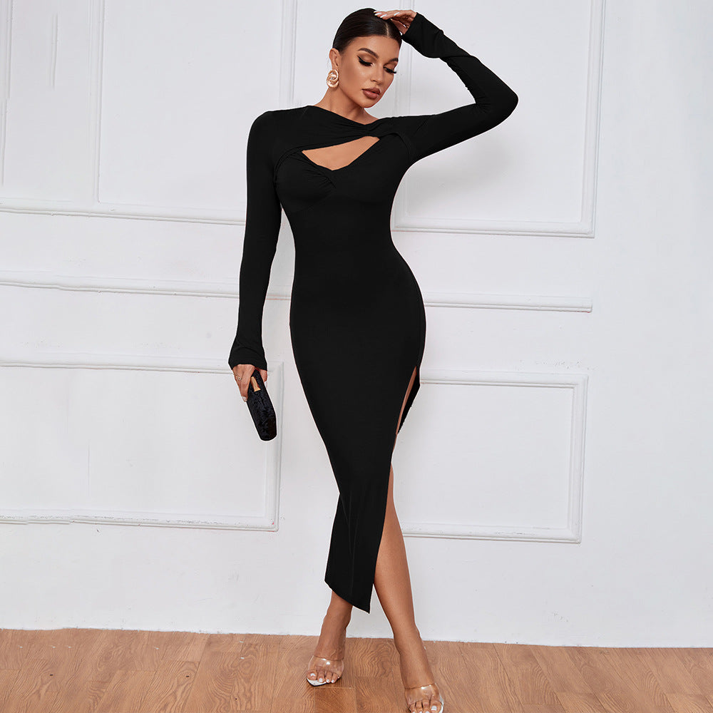 2022 Popular Women Long Skirts Slim Fit Hip Tight Skirt Sexy Slit Long Sleeve Dress