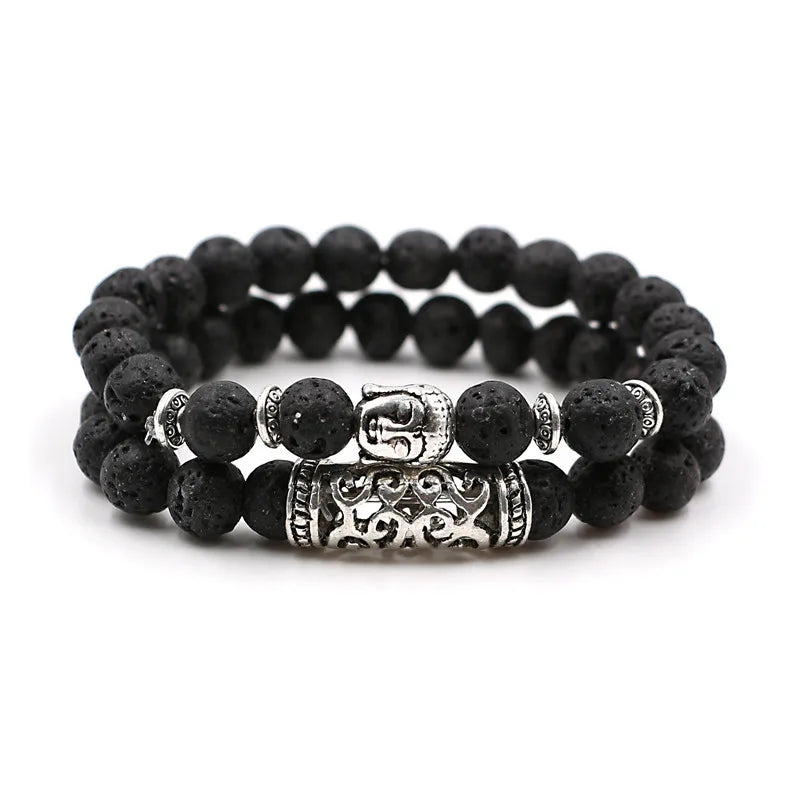 YIZIZAI 2Pcs/Set Tibetan Buddha Head Bracelet Jewelry Natural Stone Bead Bracelets Men Women Lava Onyx Turquoises Jewellry Gift