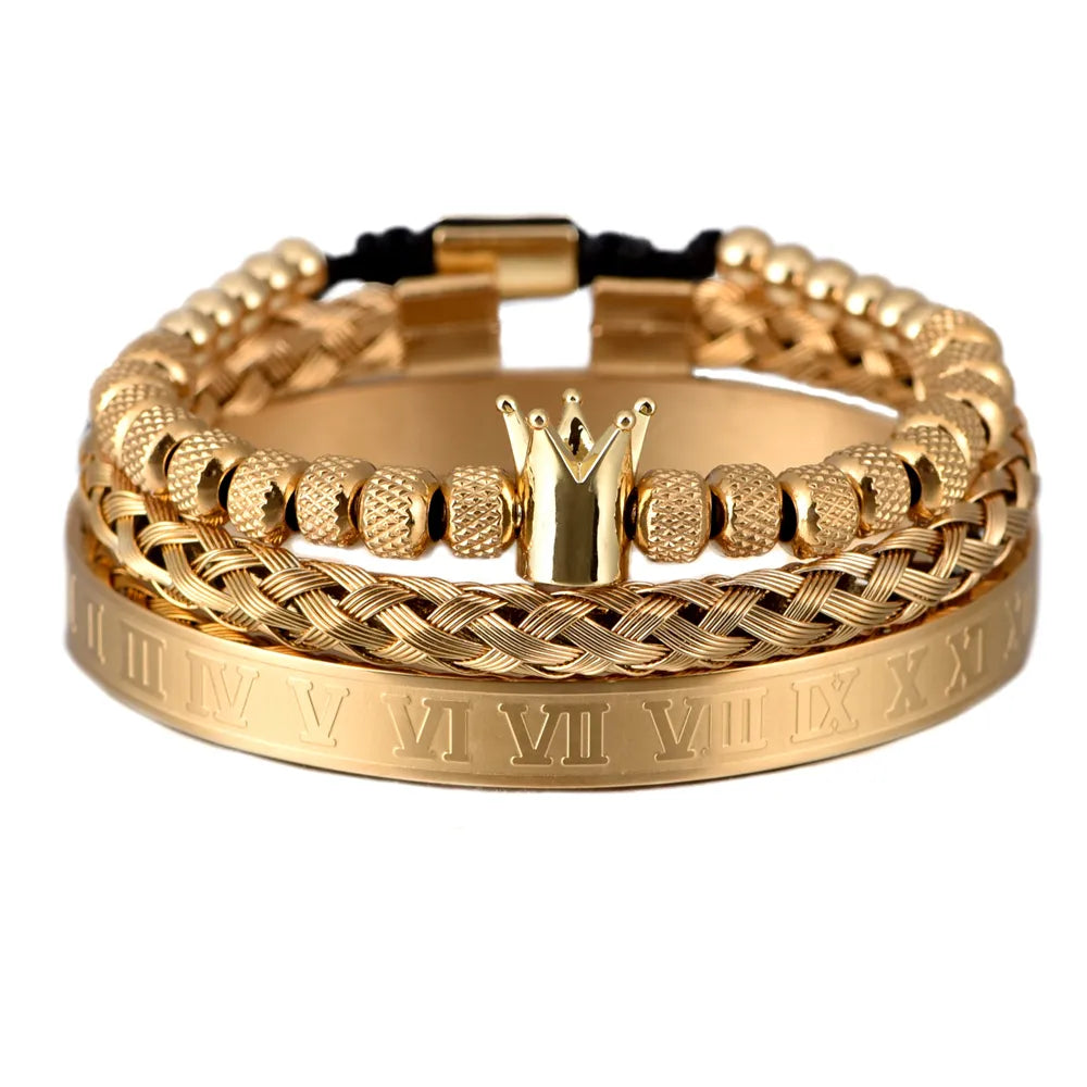 Luxury 3pcs/Set Stainless Steel Bracelet Hip Hop Men Jewelry Roman Number Charm Gold Color Jewelry for  Men Pulseira Bileklik