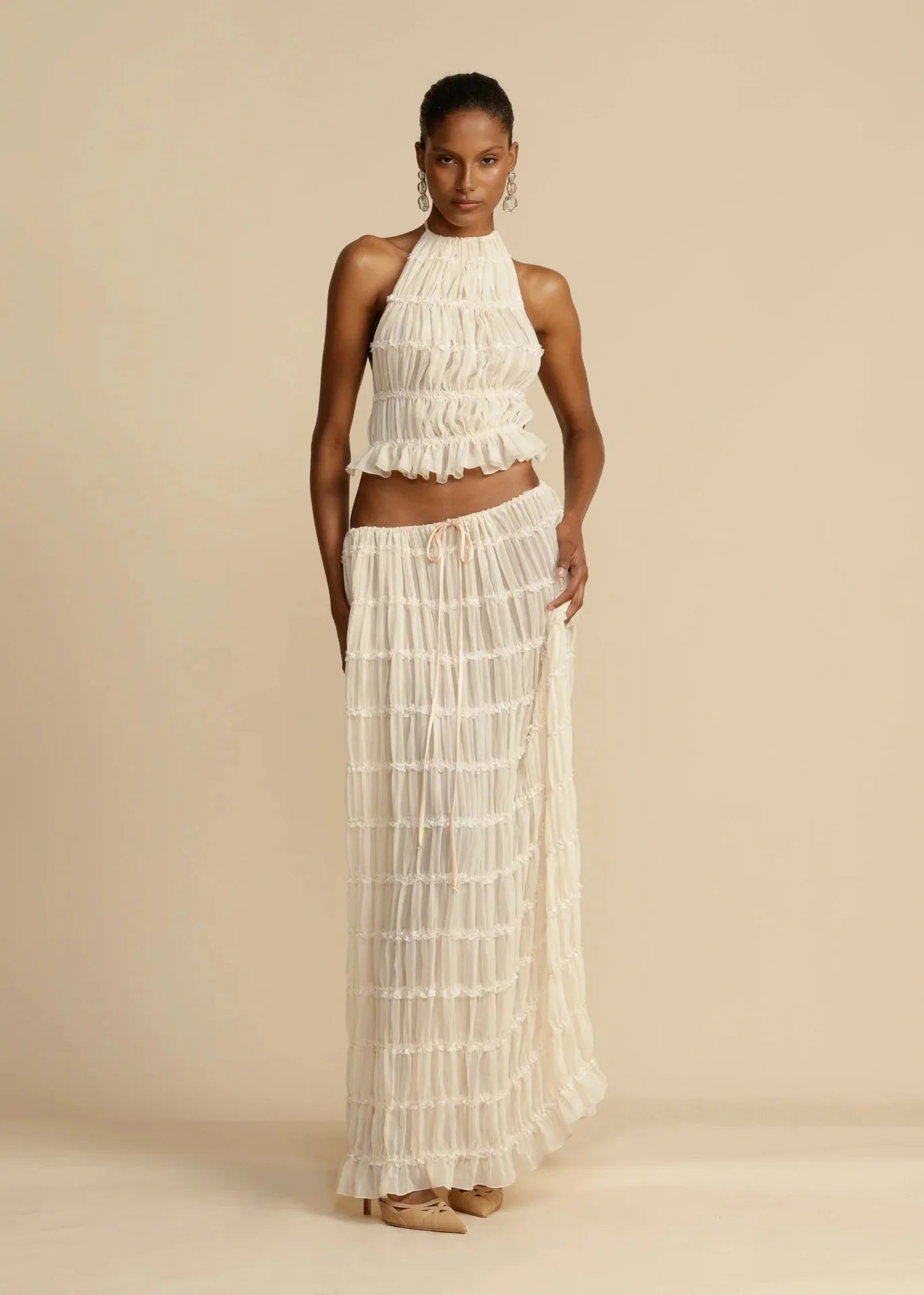Backless Halter Camisole Top Drawstring Chiffon Pleated Long Maxi Skirt 2 Piece Set