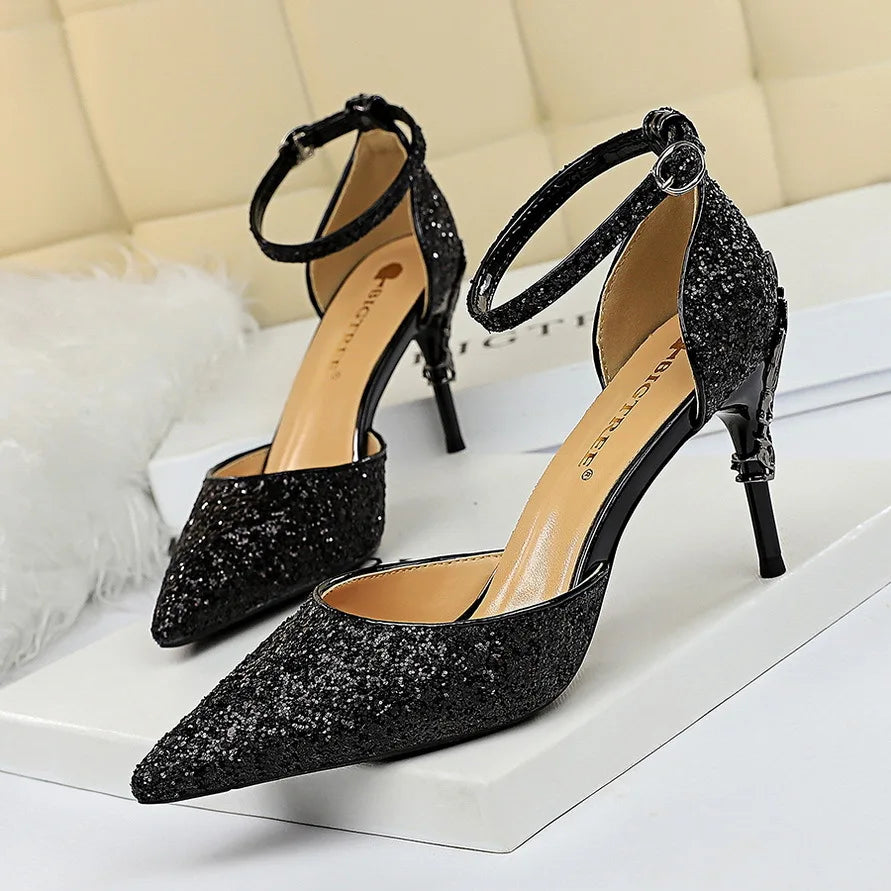 283-5 Luxurious Trendy Ladies Sandals Hollow Out Party Metal Heel Shiny Sequin Slip-On High Heel Sandals Wedding Shoes for Bride