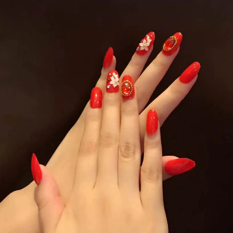 24pcs False Nails Floral Beads Decorated Artificial Nail Tips Bride Reusable Fingernails Fake Nail Press on Nail накладные ногти