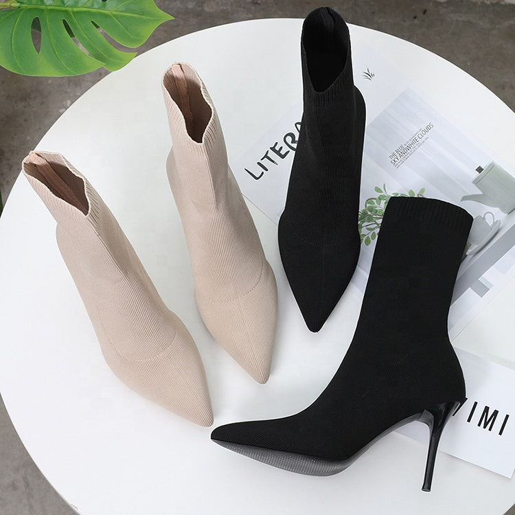 Winter Fashion Pointed Toe Elastic Sock Boots Women Sexy High Heel Ankle Boots
