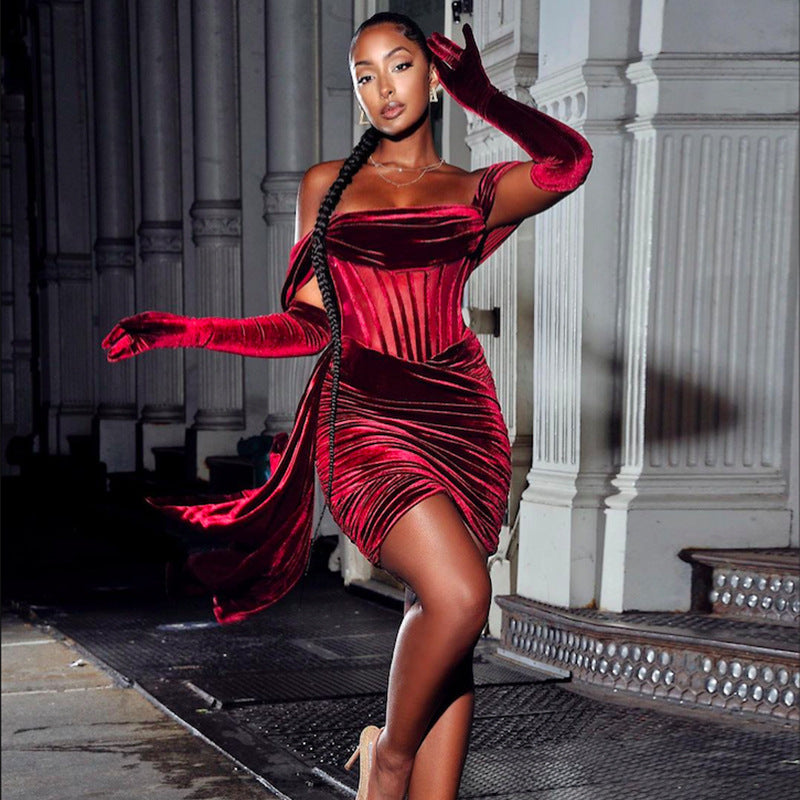 2023 Newest Christmas Red Off Shoulder Pleated Dress Women Mini Dress Lady Slim Fit Party Dress