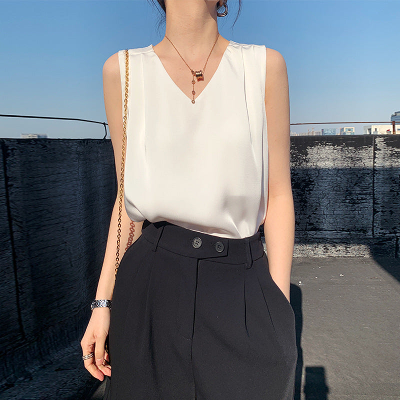 Formal Silk Blouses Elegant Women Solid Sleeveless Tank Luxury Tops Ladies Fashion White Satin Office Summer Blouses for Woman