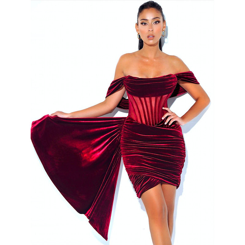 2023 Newest Christmas Red Off Shoulder Pleated Dress Women Mini Dress Lady Slim Fit Party Dress