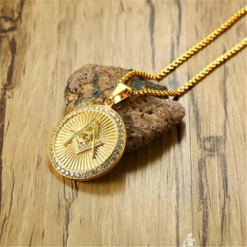 Men\'s Classic Punk Gold Plated Freemason Round Medal Pendant Necklace Hip Hop Style Rock Party Jewelry