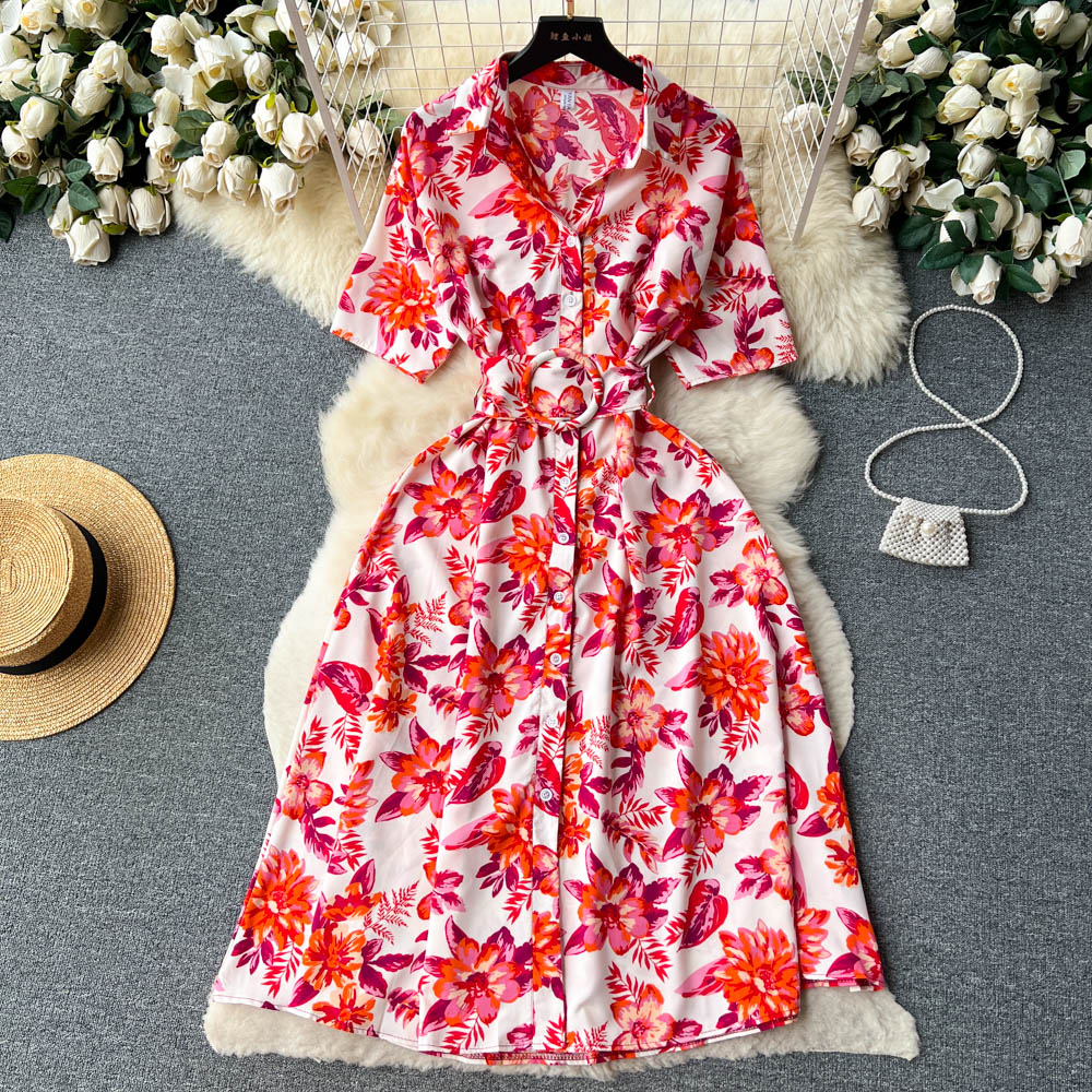 New 2023 Floral Sexy Slash Neck One Shoulder Elegant Vacation Chiffon Ruffle Dress