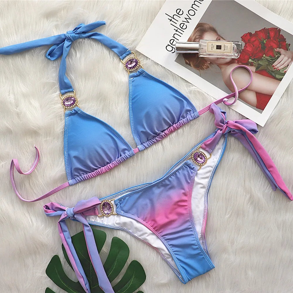 2023European and American Sexy Bikini Plain Female Split Strap Luxury Crystal Diamond Swimsuit Gold Accessories Swimwear CUT OUT