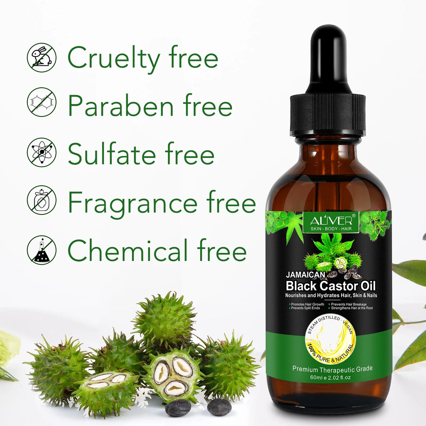 ALIVER 60Ml Pure Jamaican Black Castor Essential Oil Scalp Hair Strengthening Oil Infused Biotin and Encourages Growth Hair Oil