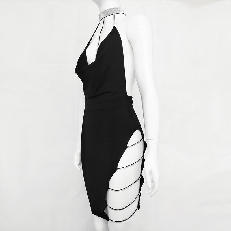 Night Club Bright Diamond Halter Sexy Cut Out Tight Mini Party Dress