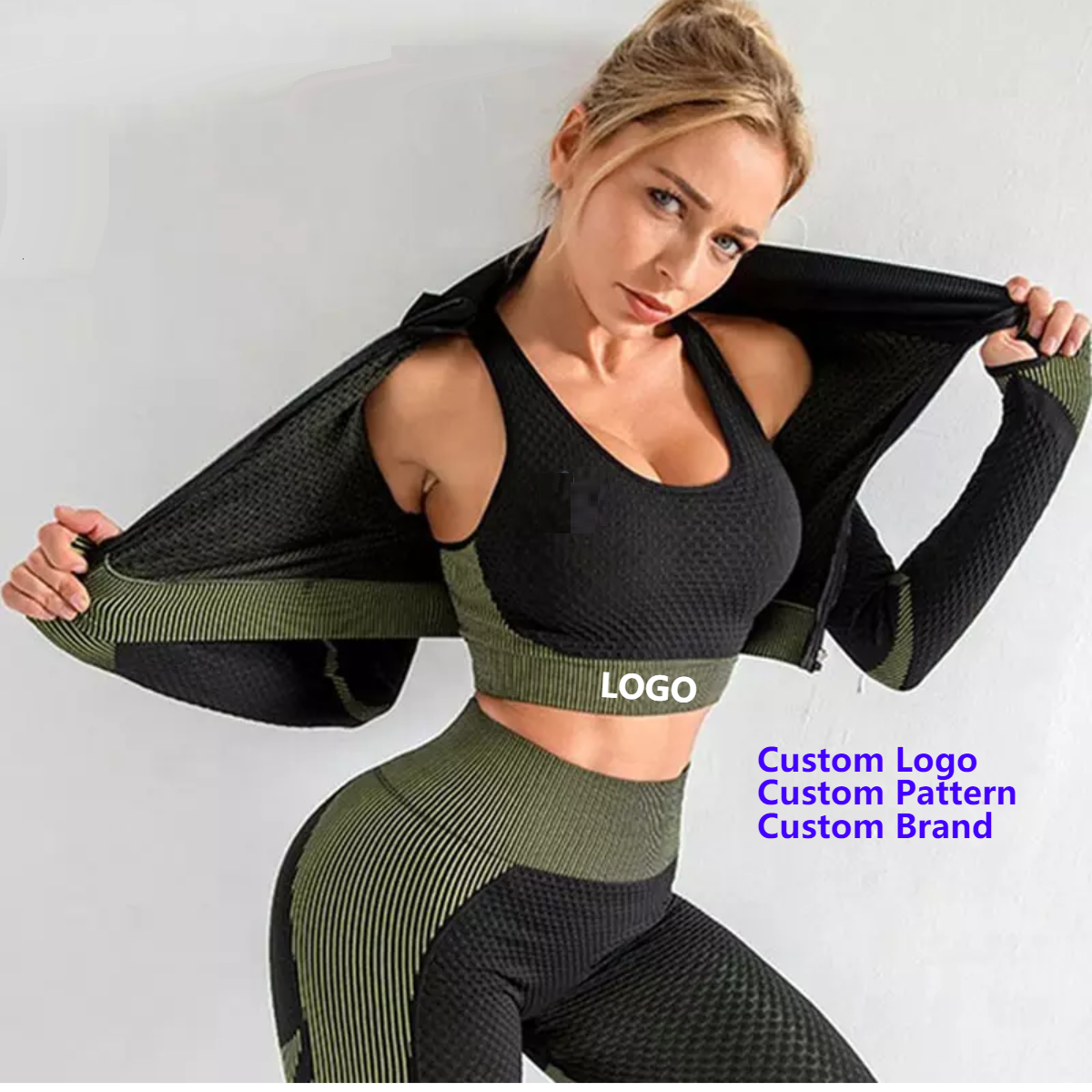 Women Activewear 3 Piece Crop Top Fitness Leggings Workout Bra Sports Jacket With Zipper Fitness Yoga Wear Sets for Ladies
