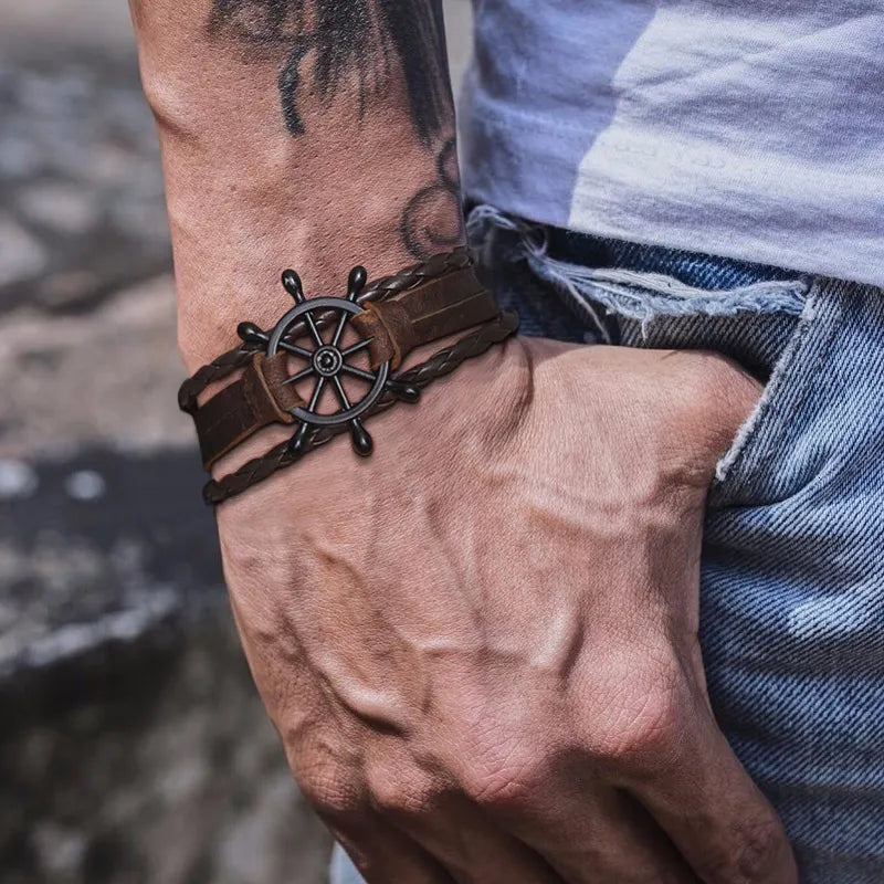 Ships Wheel Jewelry Rudder Leather Bracelet Nautical Bracelet Nautical Gifts for Men Jewelry