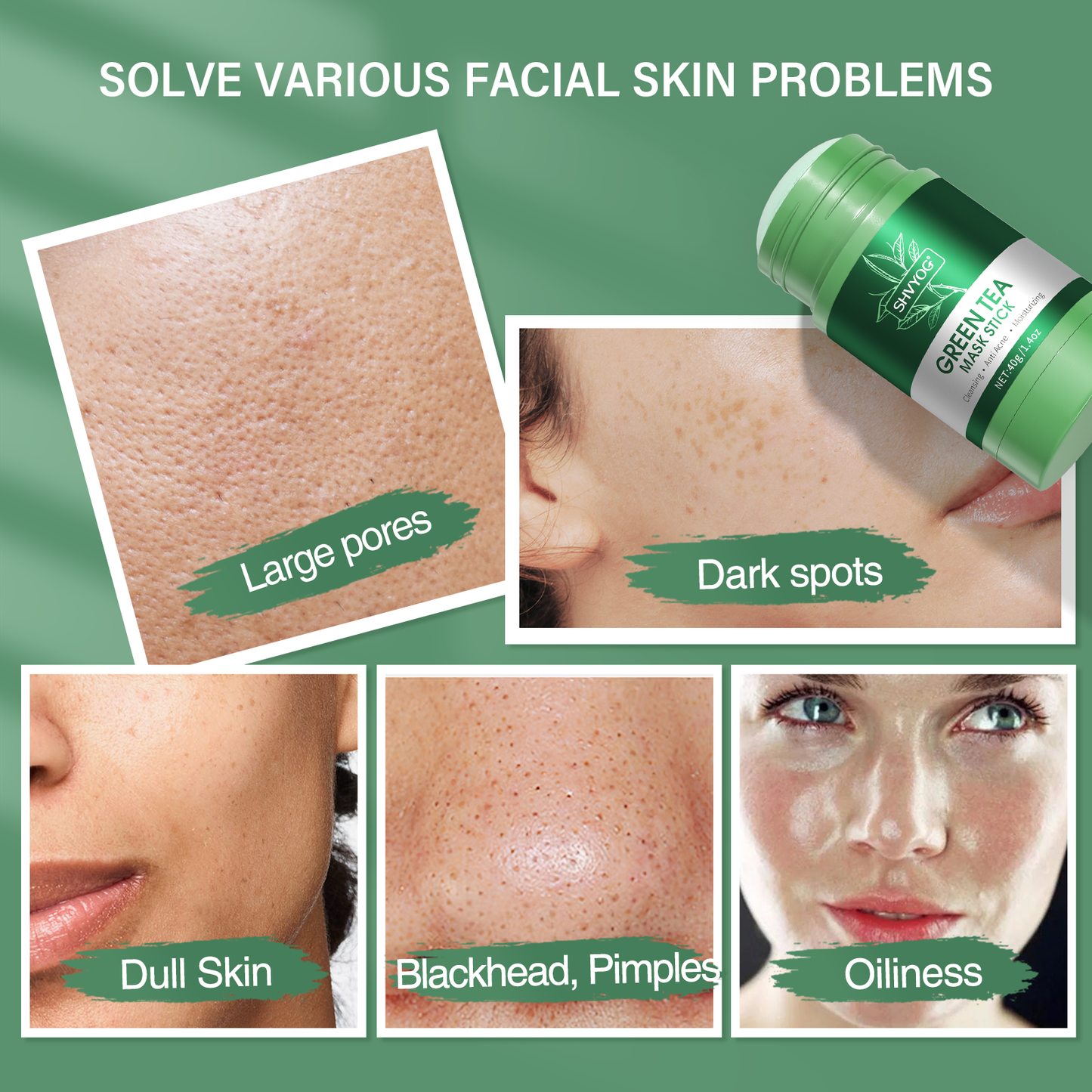 Own Brand Skin Repair and Acne Removing Organic Green Tea Facial Mask Mud Stick Customized Package Female Beauty Products 100pcs