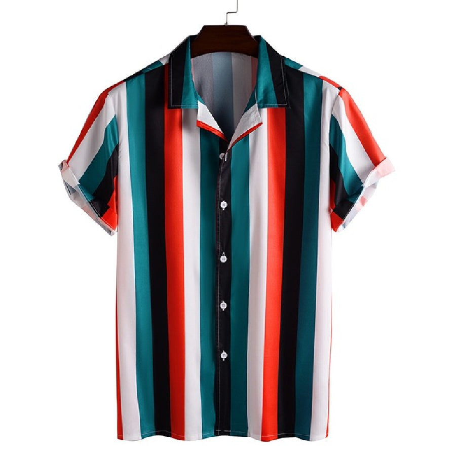 Summer Mens Shirt Top Casual Short Sleeve Hawaiian Shirts Stand Collar Strip Print Cool Thin Shirt Men