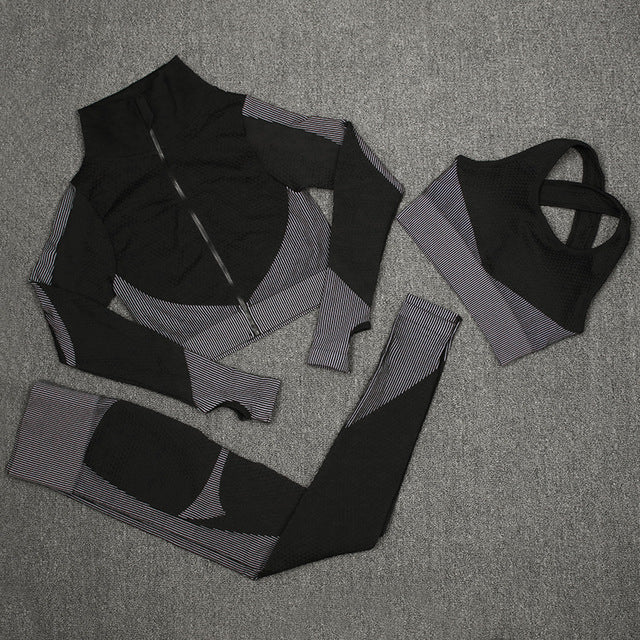 Women Activewear 3 Piece Crop Top Fitness Leggings Workout Bra Sports Jacket With Zipper Fitness Yoga Wear Sets for Ladies