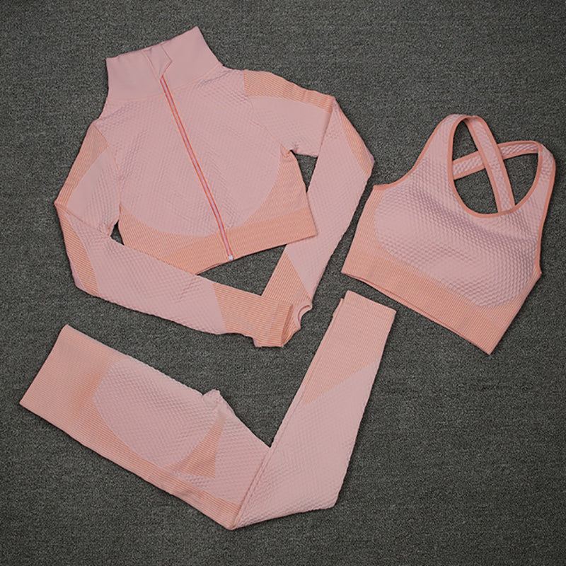 Women Activewear 3 Piece Crop Top Fitness Leggings Workout Bra Sports Jacket With Zipper Fitness Yoga Wear Sets for Ladies