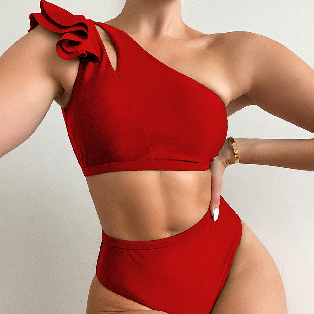 Sexy Figure-Hugging Ruffle Trim One Shoulder Top Cover Up Swimsuit Custom Bikini Swimwear Solid High Waist Swimwear Women