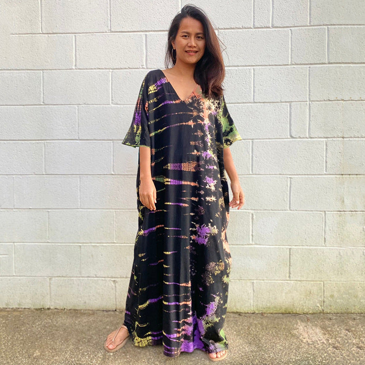 Wholesale Tie Dye Boho Kimono Beach Cover Up Cotton Sarong Beachwear Dress Ladies Kaftan