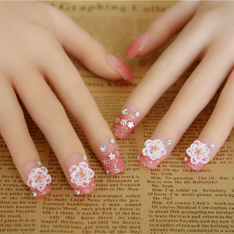 24pcs False Nails Floral Beads Decorated Artificial Nail Tips Bride Reusable Fingernails Fake Nail Press on Nail накладные ногти