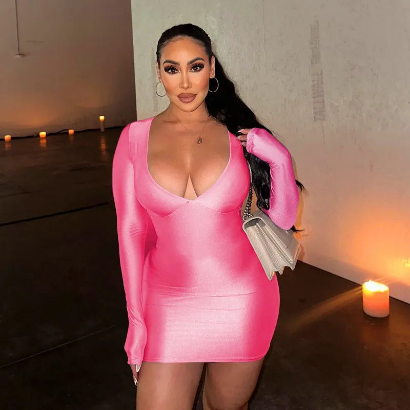 39033 Low Collar Wrap Dress Party Night Club Long Sleeve Solid Color Dresses Boutique