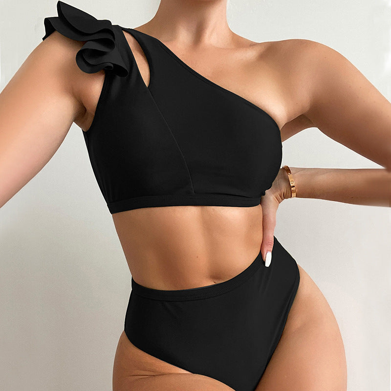 Sexy Figure-Hugging Ruffle Trim One Shoulder Top Cover Up Swimsuit Custom Bikini Swimwear Solid High Waist Swimwear Women