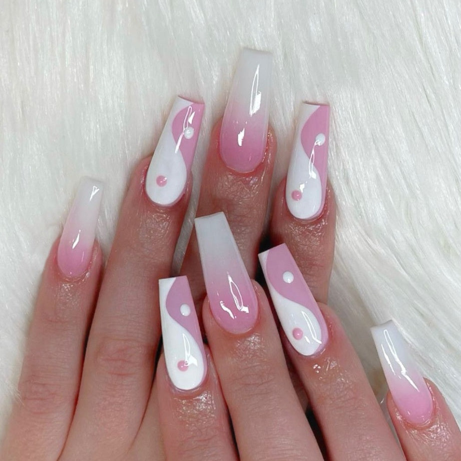 TKL New Style Tai Chi Design Pink Press on Nails Set Finger Full Cover Ballet Coffin False Nail