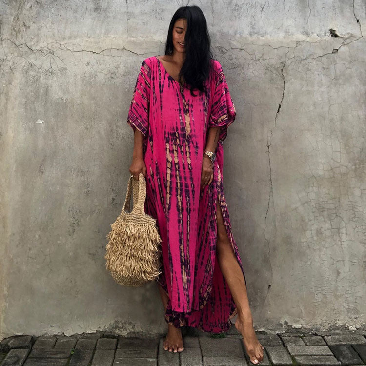 Wholesale Tie Dye Boho Kimono Beach Cover Up Cotton Sarong Beachwear Dress Ladies Kaftan