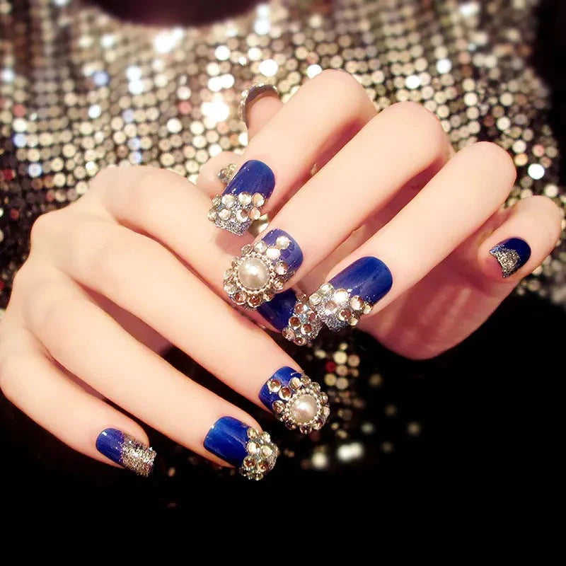 24pcs False Nails Floral Beads Decorated Artificial Nail Tips Bride Reusable Fingernails Fake Nail Press on Nail накладные ногти
