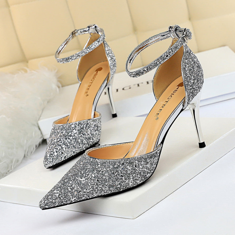 S994F High-Heel Shallow Mouth Pointed Toe Sparkling Sequins Sexy Slim Women Wedding Luxury Shoes
