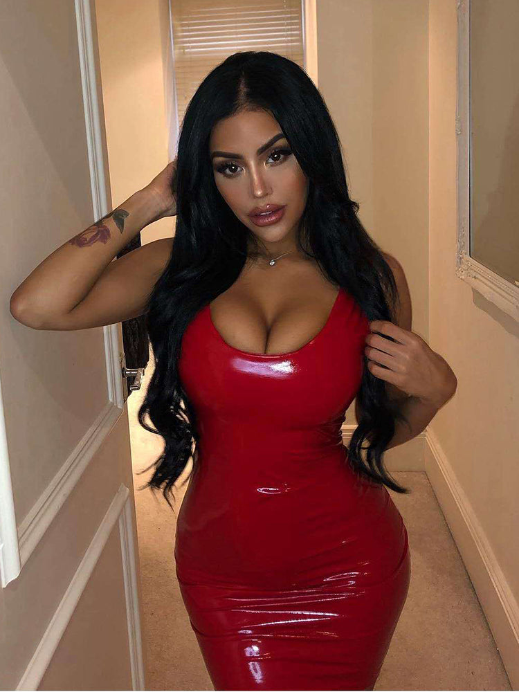 Pu Leather Dress Women Summer Sleeveless Sexy Low Cut Dress Woman Party Night Club Wear Slim Fit Bodycon Dress