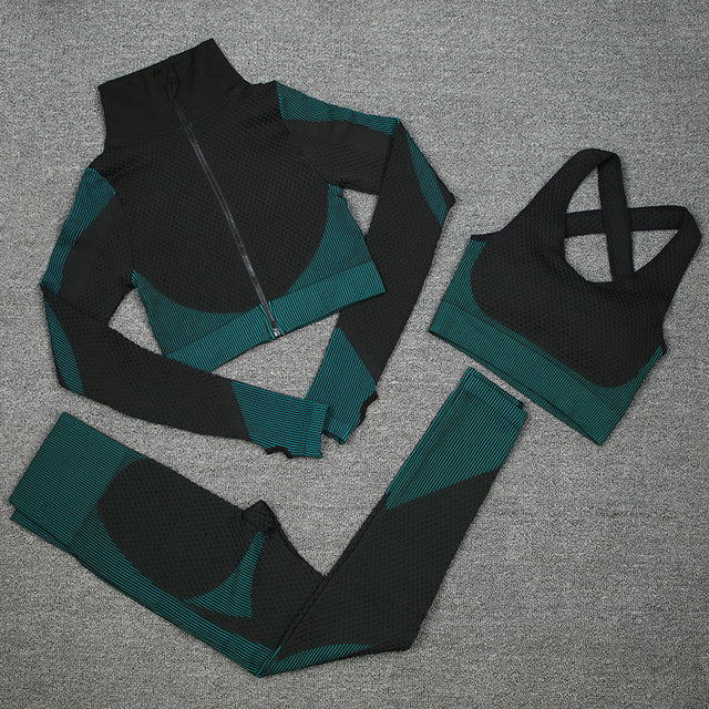 Women Activewear 3 Piece Crop Top Fitness Leggings Workout Bra Sports Jacket With Zipper Fitness Yoga Wear Sets for Ladies
